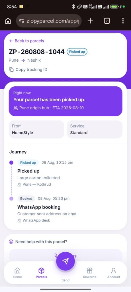 ZippyParcel app — live parcel tracking with journey updates